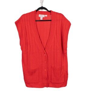 VTG Sweater Vest L Red VNeck Knit Buttons Pocket 90s Academia Long Cottagecore
